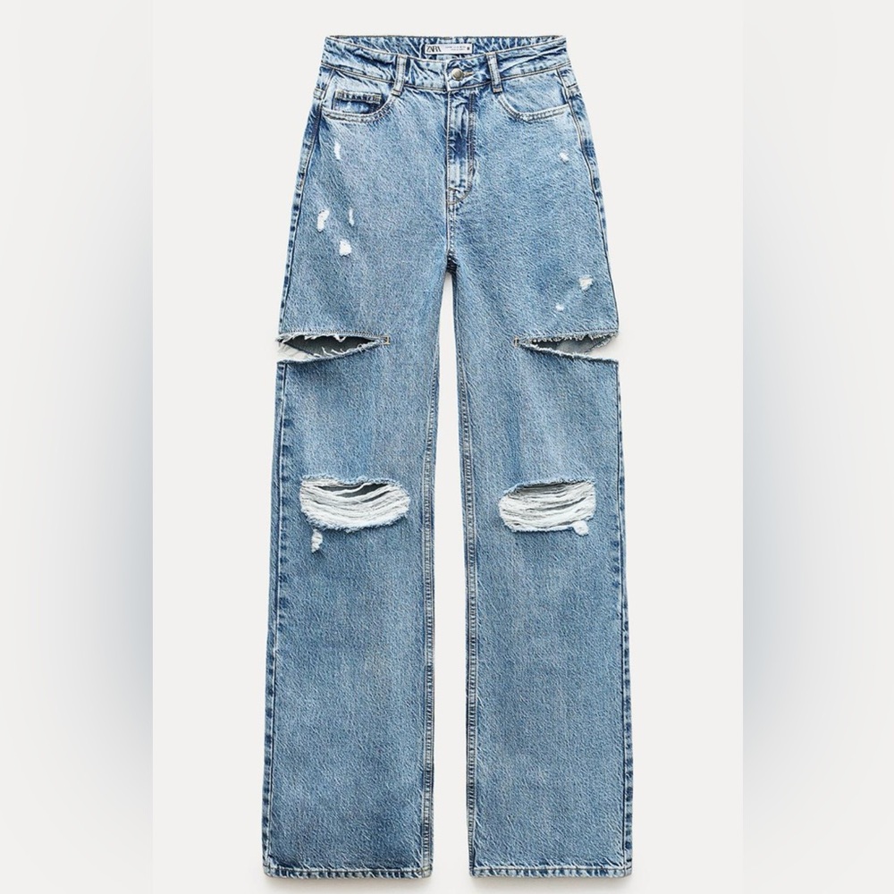 Zara Z1975 mid waist ripped cut out straight leg jeans